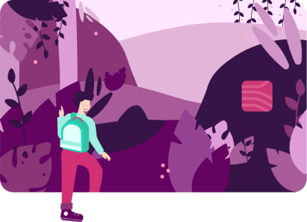 A person with short, dark hair wearing a teal backpack and purple hiking boots, stepping into their next adventure with their Ally Credit Card.